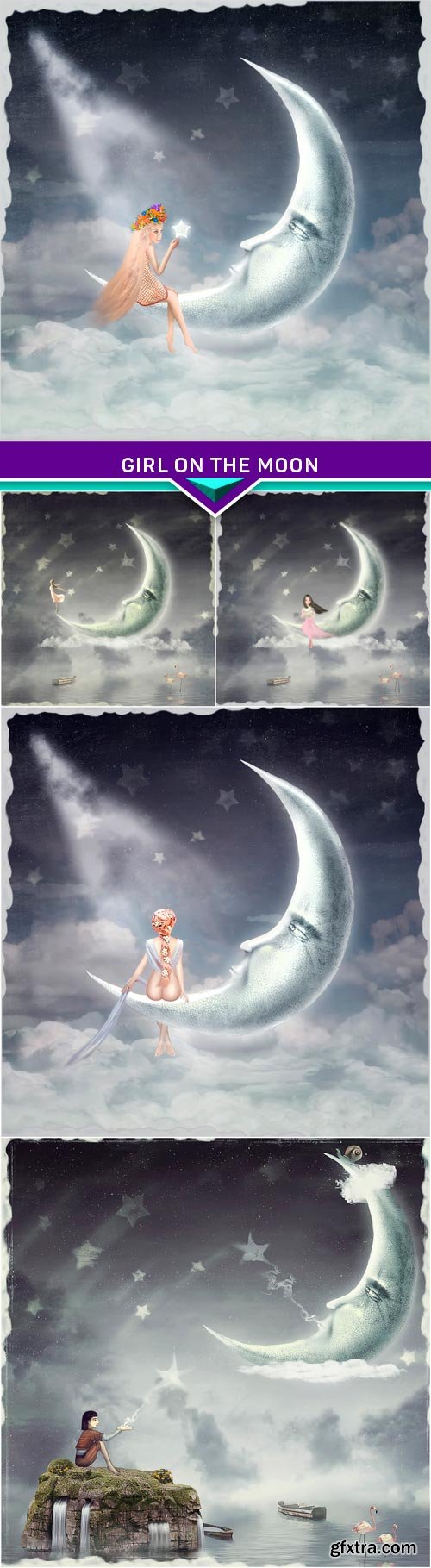Art illustration of a girl on the moon under the stars 5x JPEG