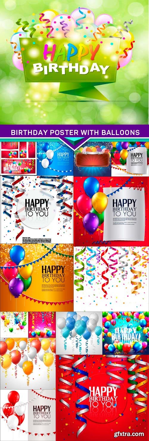 Birthday poster with balloons and 3D text - vector background 16x EPS