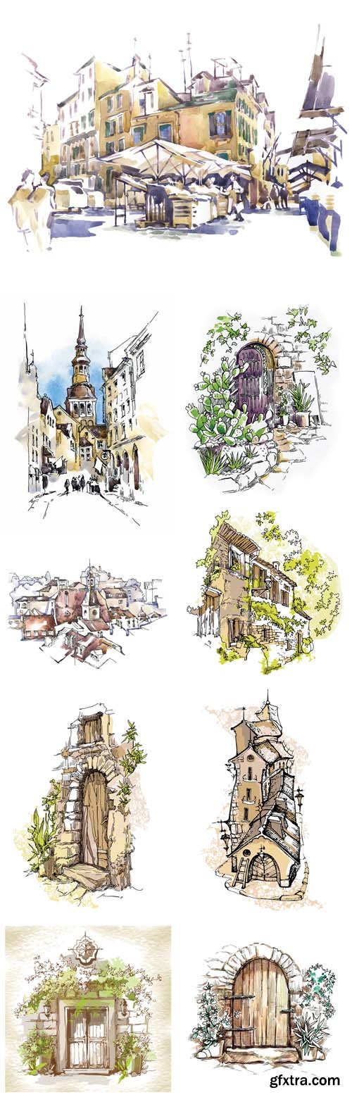 Hand Made Sketch of Old Street Vector Set