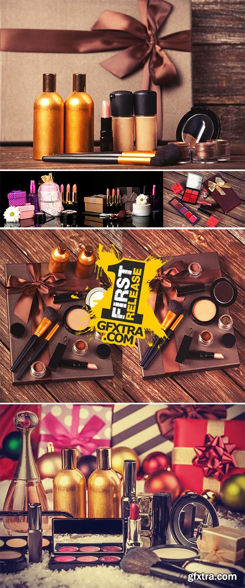 Stock Photo Cosmetics and gift box on wooden table
