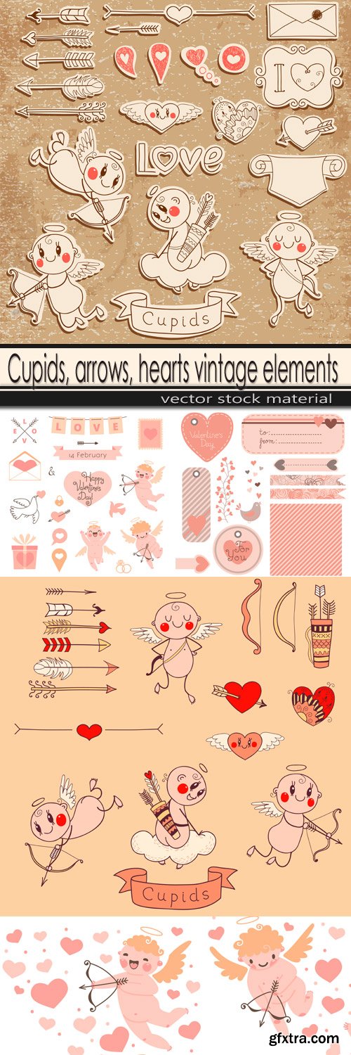 Cupids, arrows, hearts vintage elements