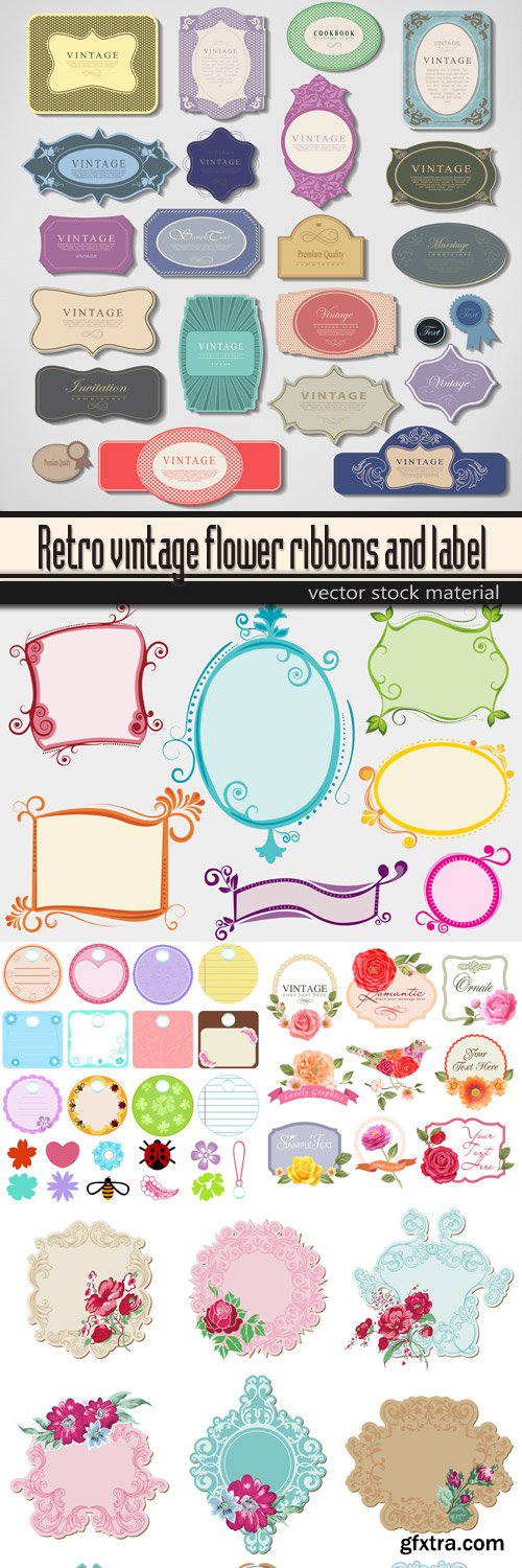 Retro vintage flower ribbons and label