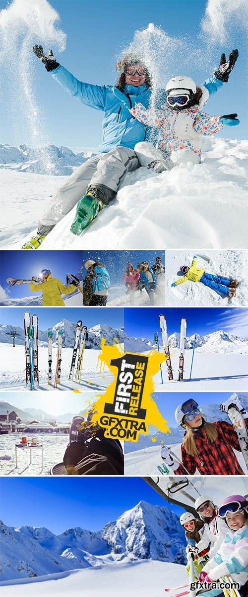 Stock Photo: Skiing, ski lift, ski resort - happy skiers on ski lift