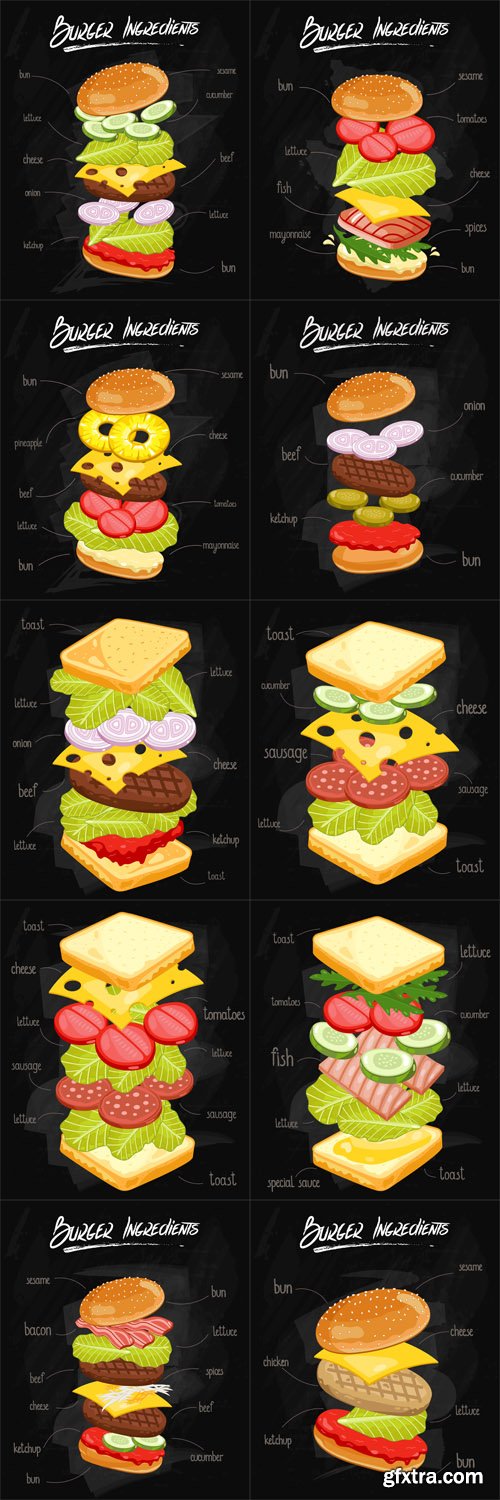 Sandwich, Burger Ingredients on Chalkboard - Vectors A000013
