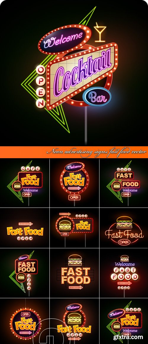 Neon advertising signs fast food vector