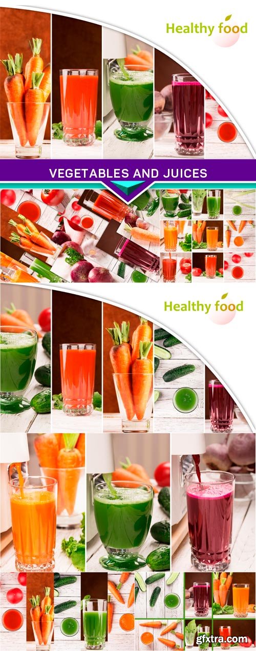 Food collage from photos of different vegetables and juices 7x JPEG