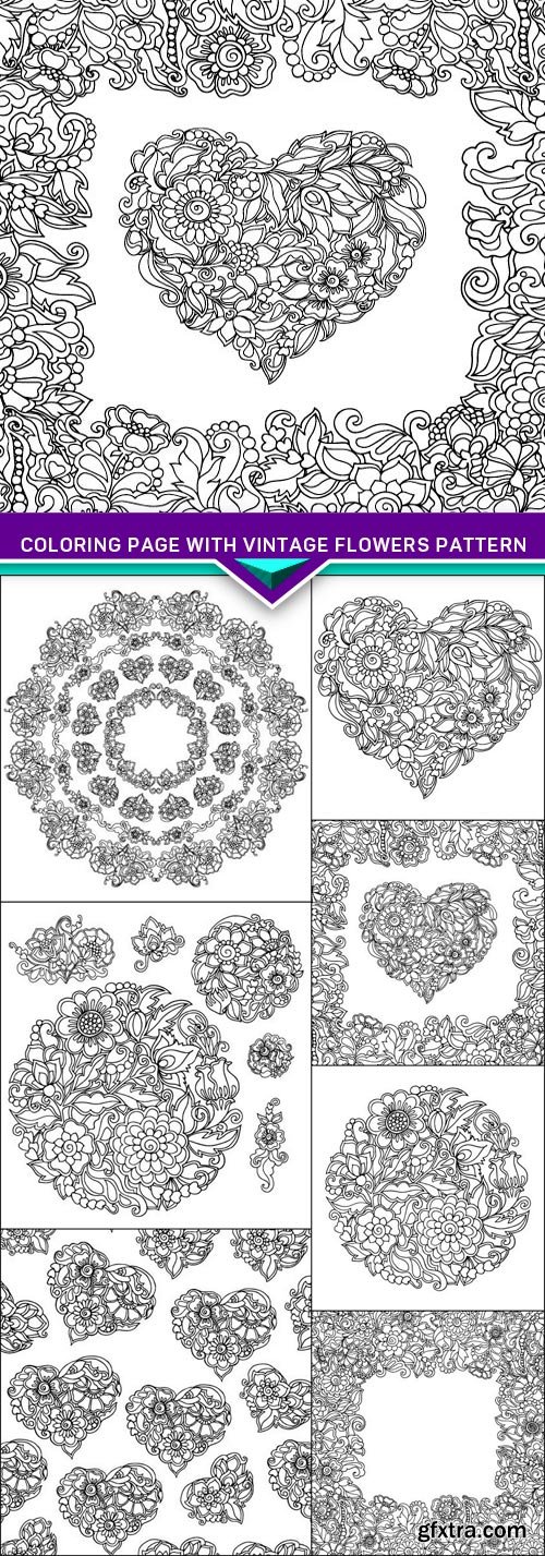 Coloring page with vintage flowers pattern 7x EPS