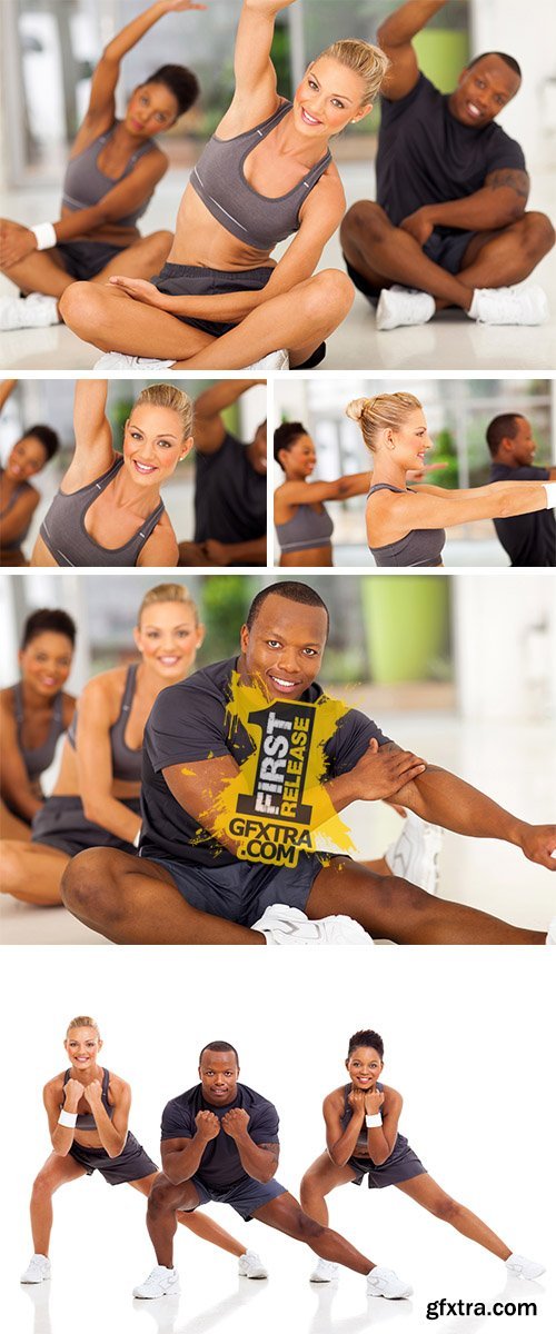 Stock Photo: Fit woman stretching with friends