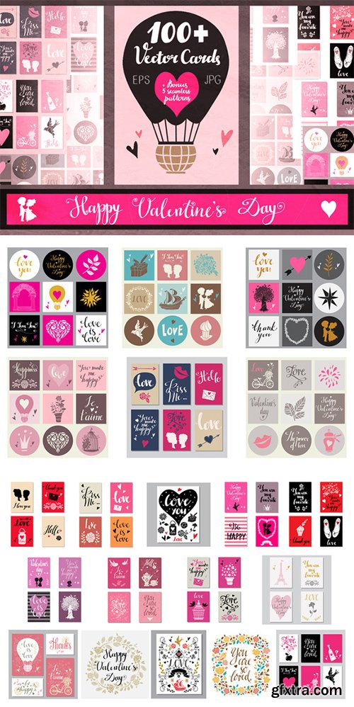 CreativeMarket - 100 + Valentine\'s Day Vector Cards 517039