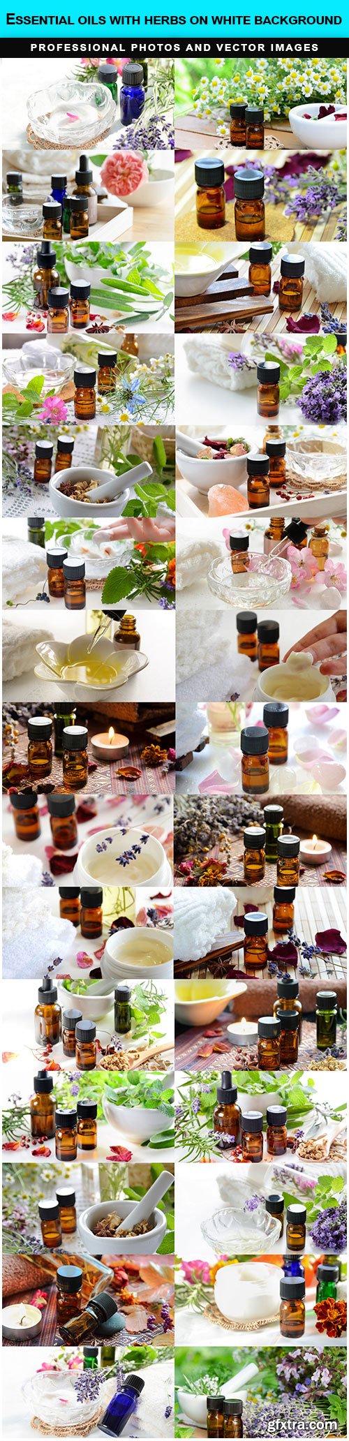 Essential oils with herbs on white background