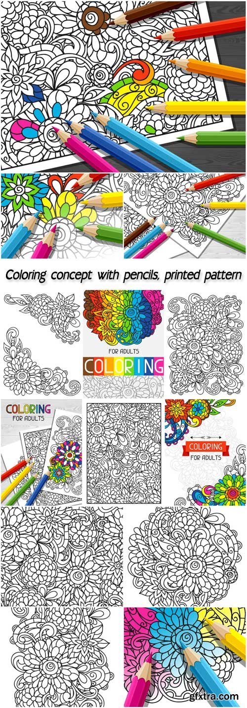 Coloring concept with pencils, printed pattern