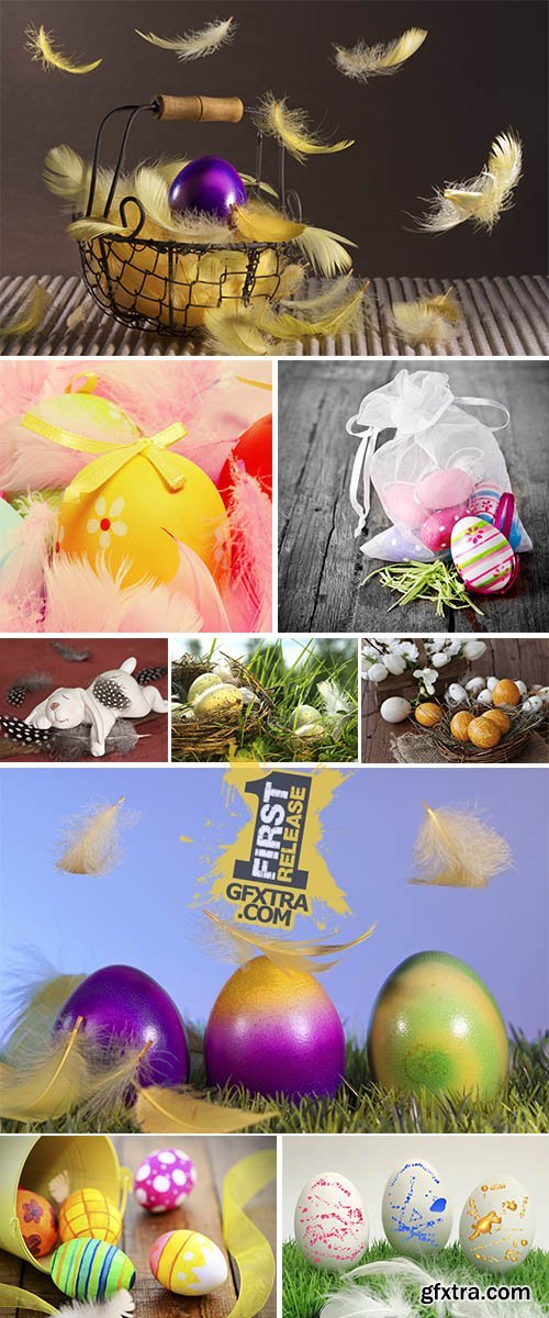 Stock Photo: Easter eggs and feathers