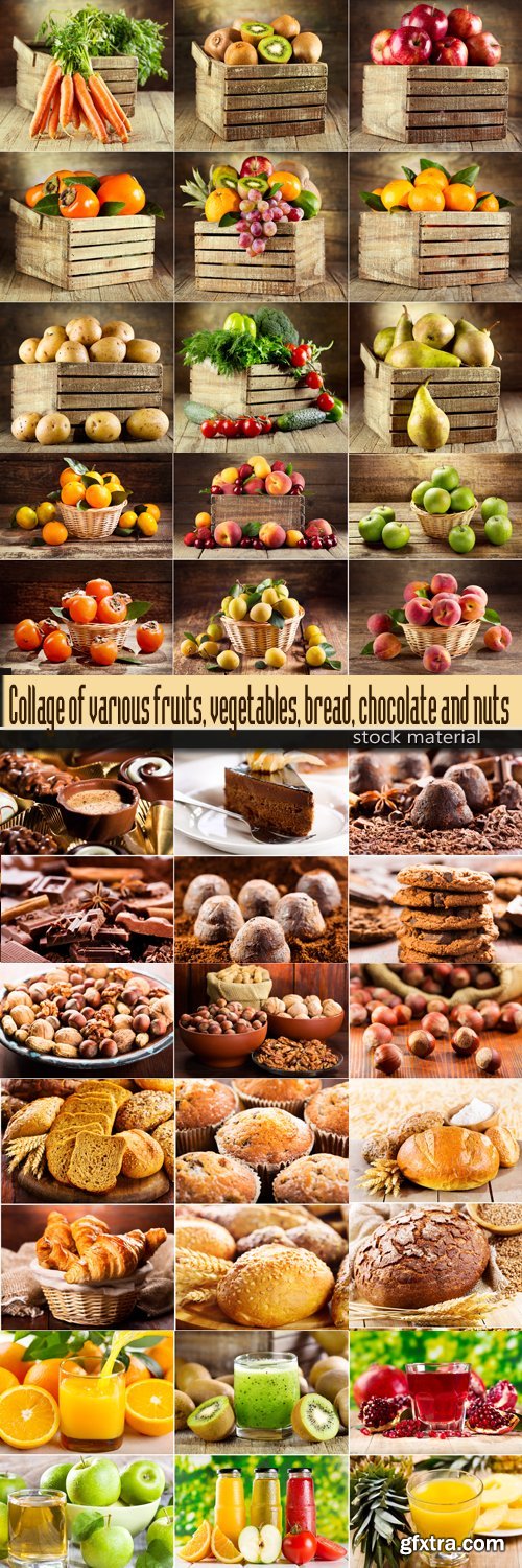 Collage of various fruits, vegetables, bread, chocolate and nuts