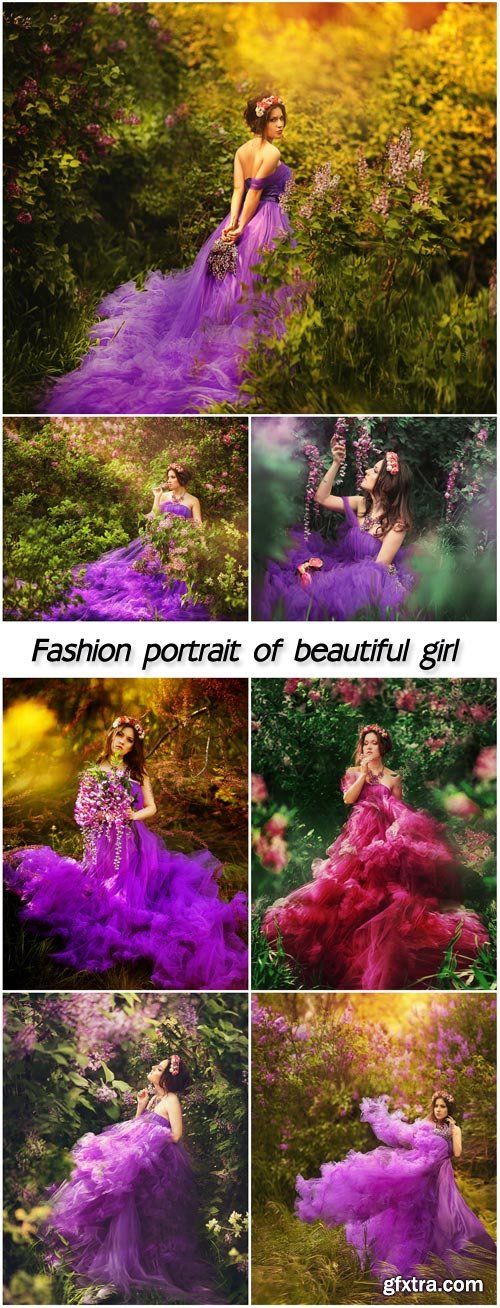 Fashion portrait of young beautiful pretty girl posing against lilac bushes in bloom