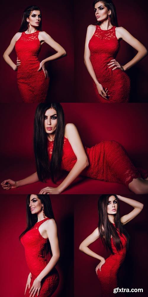 Long Hair. Beautiful Elegant Brunette Girl Model in a Red Lace Dress, with Makeup