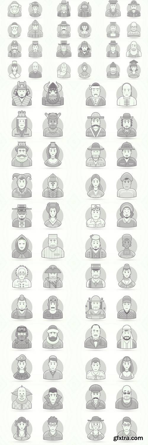 Set of Character, Avatar and Person Vector Illustrations. Flat Black and White Outlined Style