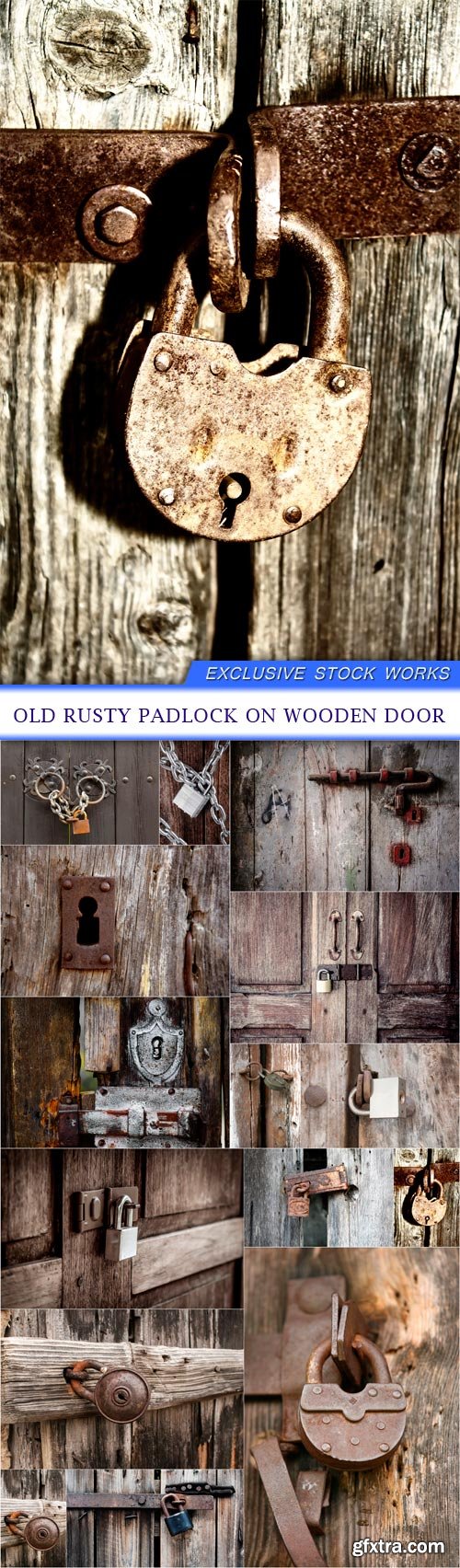 Old rusty padlock on wooden door 15X JPEG