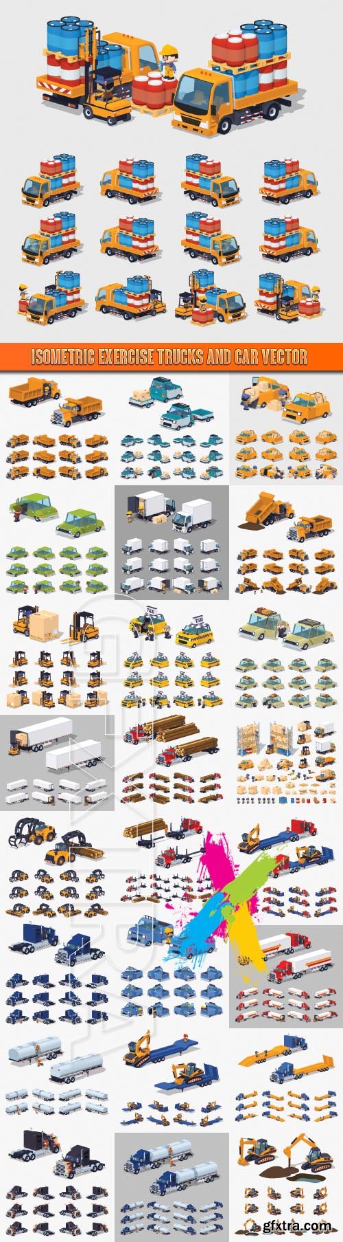 Isometric exercise trucks and car vector
