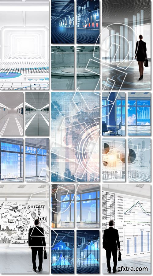 Modern office window view with virtual market infographs - Stock photo