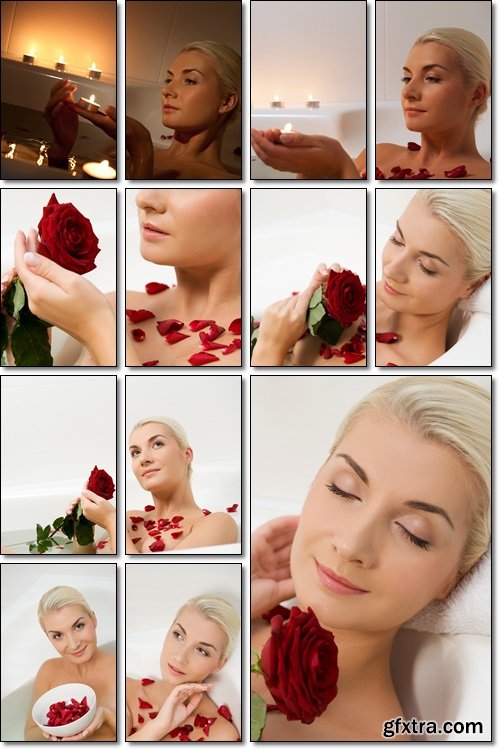 Beautiful young girl taking a bath by candlelight with roses - Stock photo