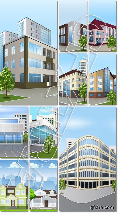 Office building with the entrance and a reflection on the background of the street - Vector