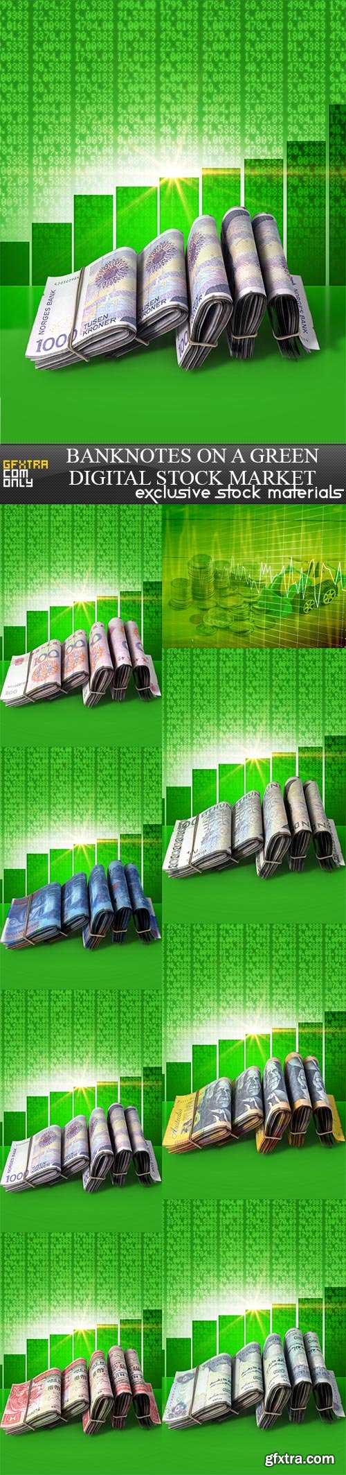 Banknotes on a green digital stock market, 8 x UHQ JPEG