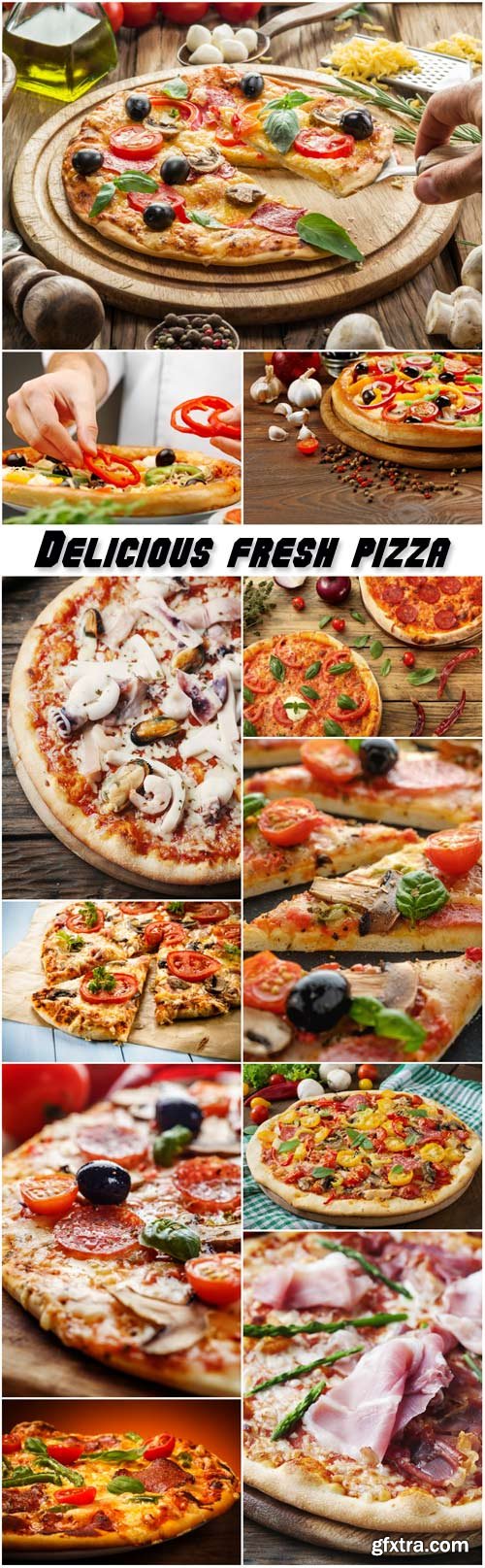 Delicious fresh pizza with mushrooms, pepperoni and seafood