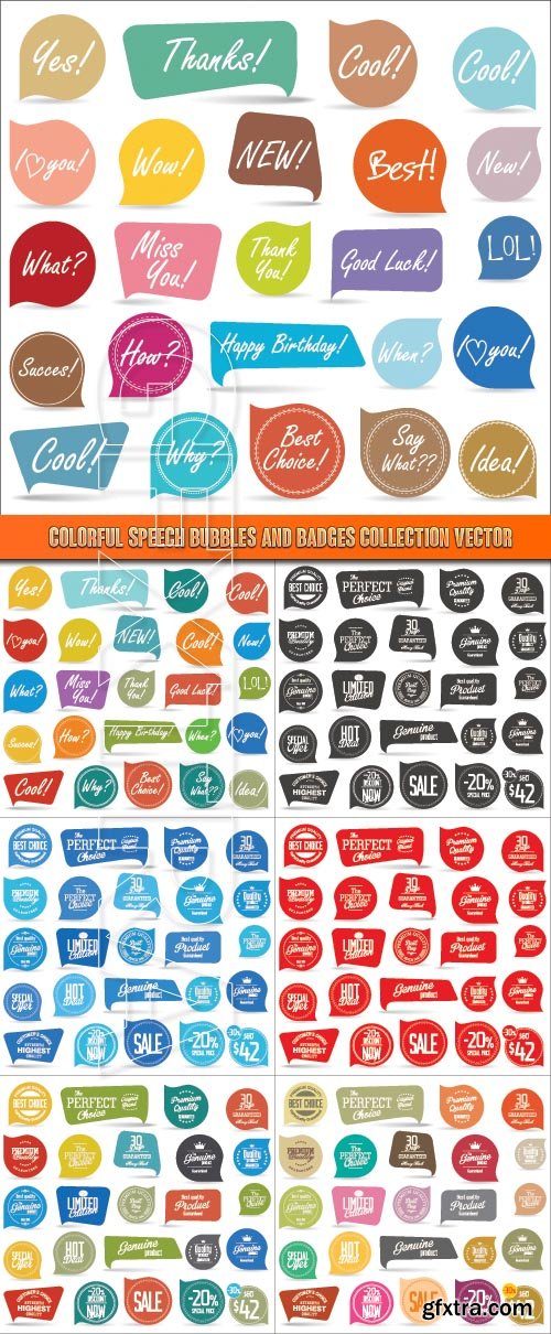 Colorful speech bubbles and badges collection vector