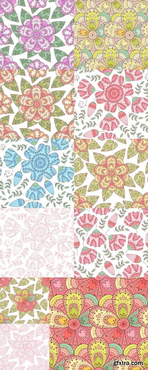 Abstract Vector Seamless Pattern with Flowers, Leaves and Swirls