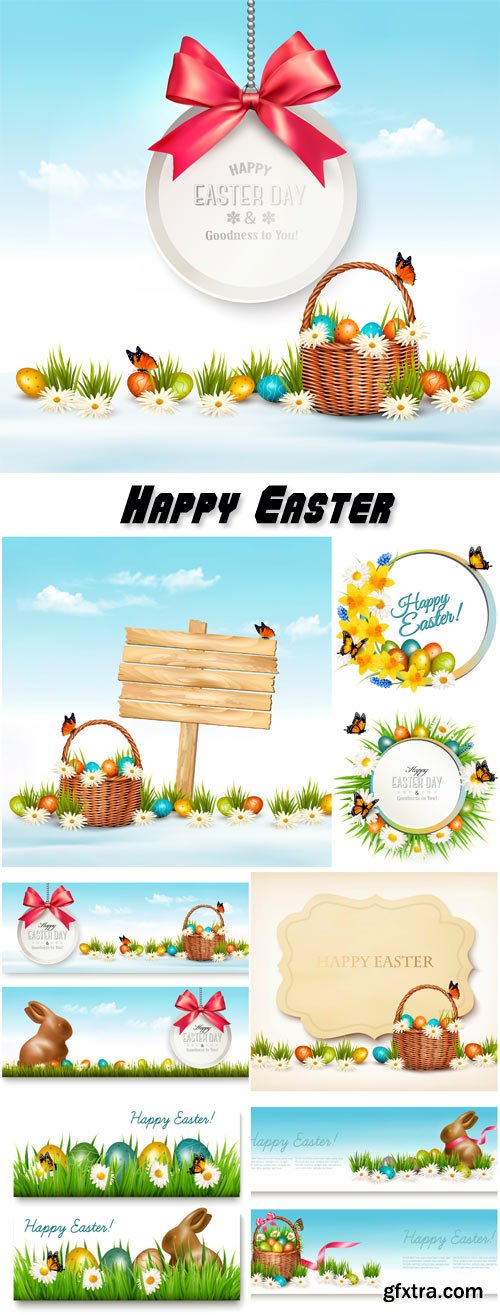 Holiday easter banners with basket and eggs and gift card