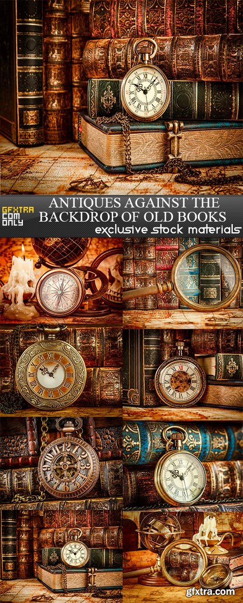 Antiques against the backdrop of old books, 8 x UHQ JPEG
