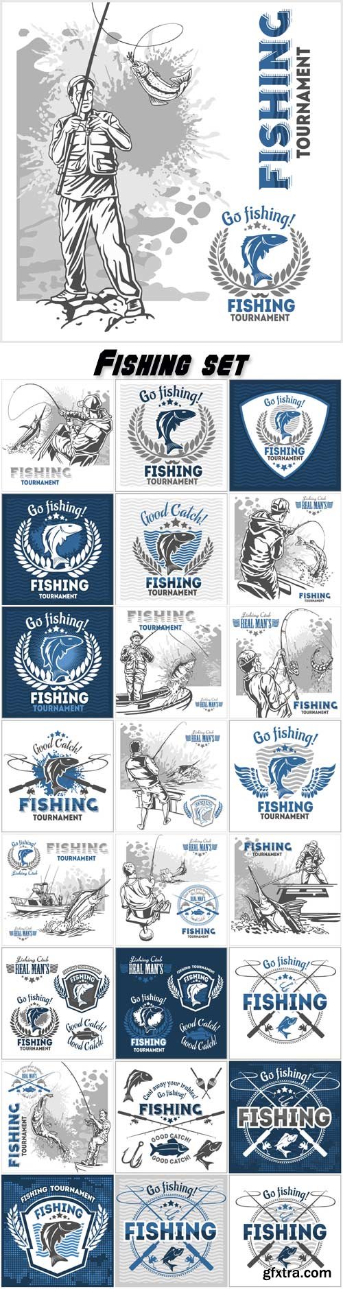 Fishing, backgrounds and stickers, logos vector