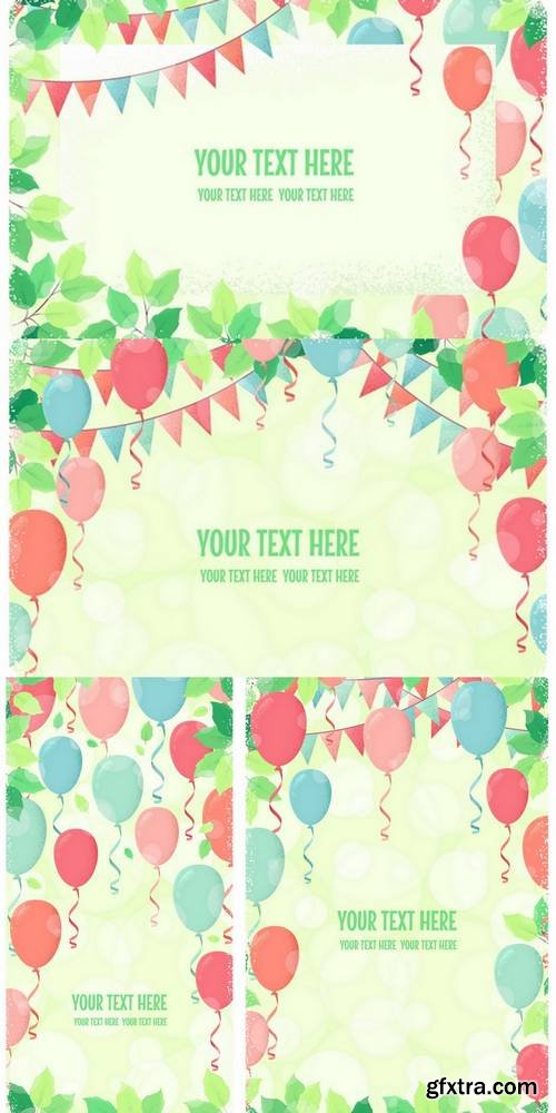Banner with Fresh Green Spring Leaves and Multicolored Balloons