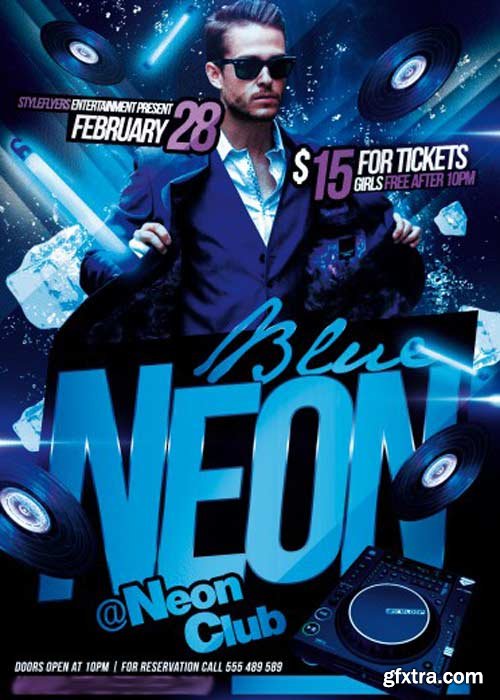 Blue Neon V2 Party Flyer PSD Template + Facebook Cover