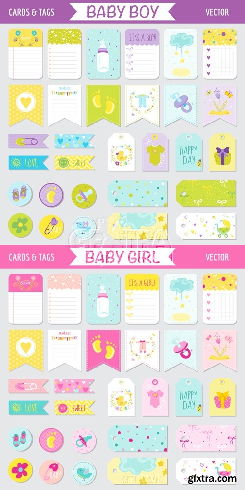 Baby Boy & Baby Girl Cards & Tags Vector