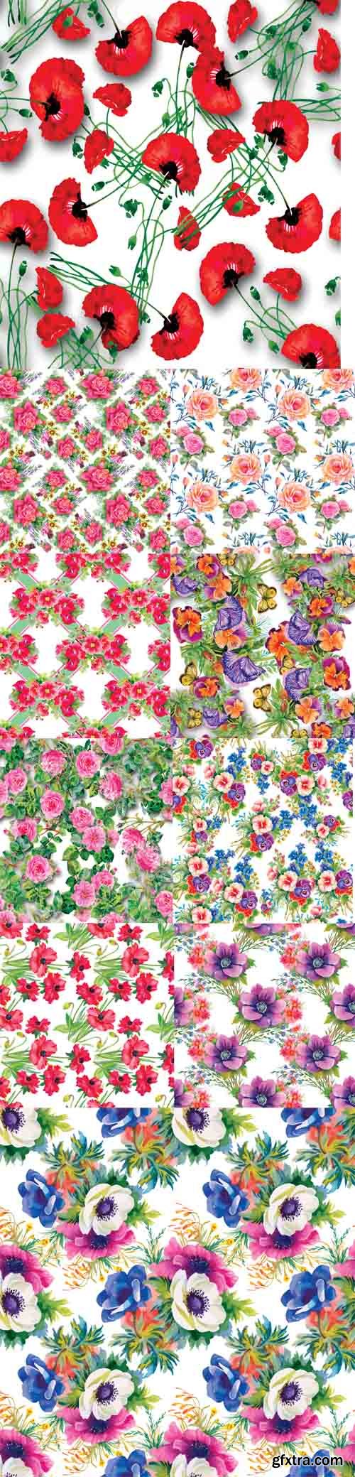 10 Seamless Patterns with Beautiful Flowers Watercolor Illustrations