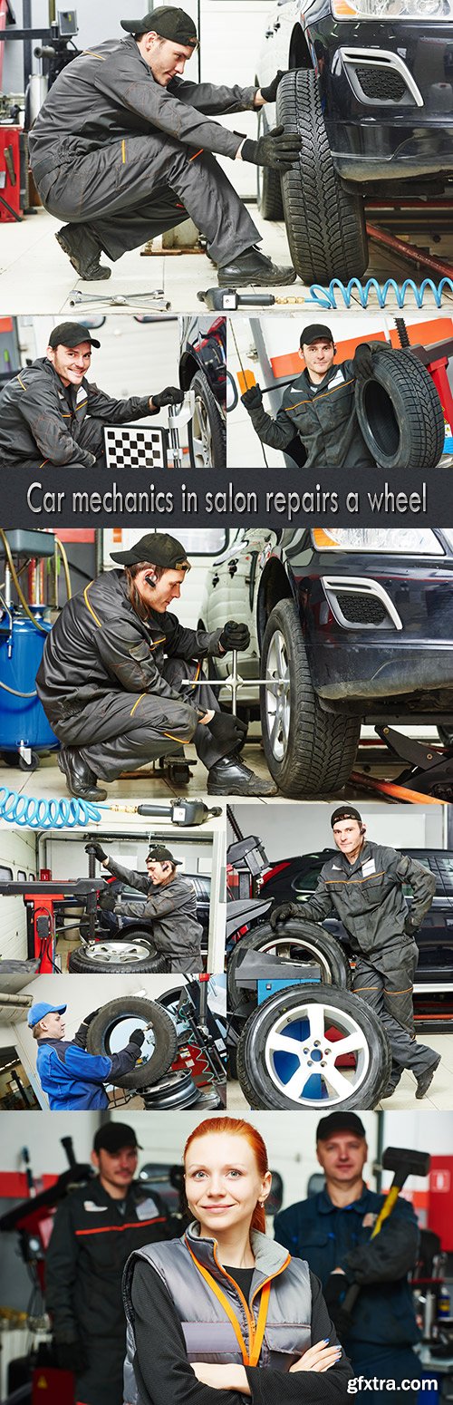 Car mechanics in salon repairs a wheel