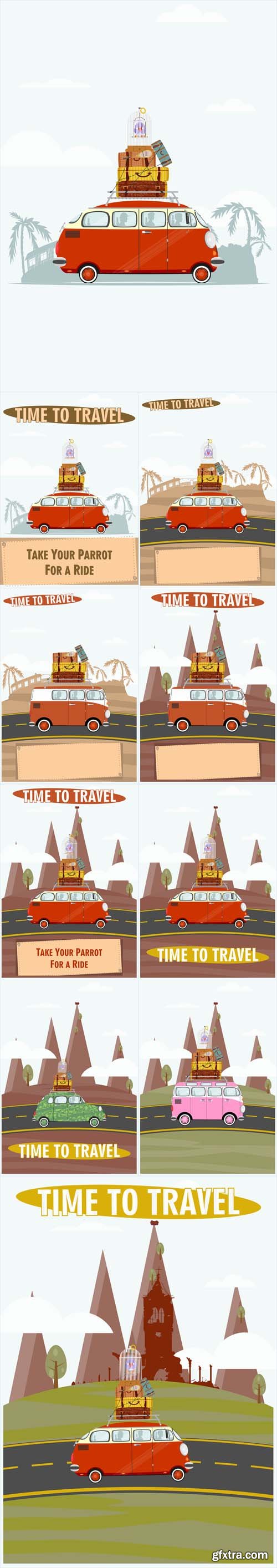 Vector Set - Time to Travel Illustration of an Old Car on a Landscape Background