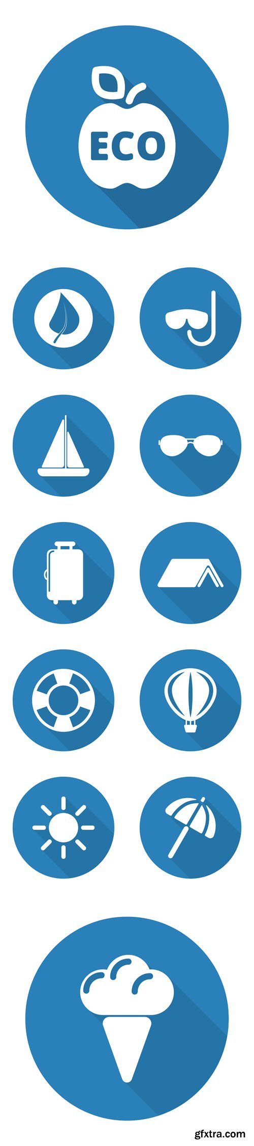 Vector set - Summer Flat White Web Icons with Long Drop Shadow on Blue Circle