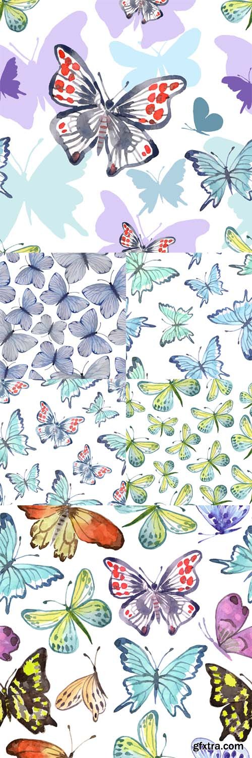 Vector Set - Watercolor Seamless Pattern with Butterflies