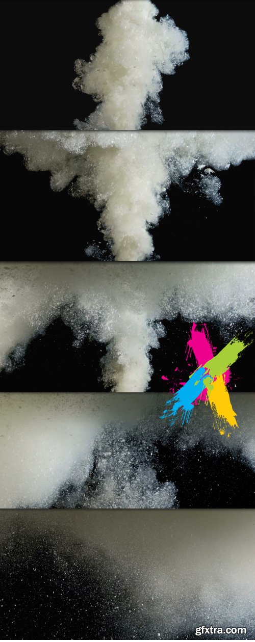 Particles and ink ascending like white smoke from an explosion in slow motion on black background