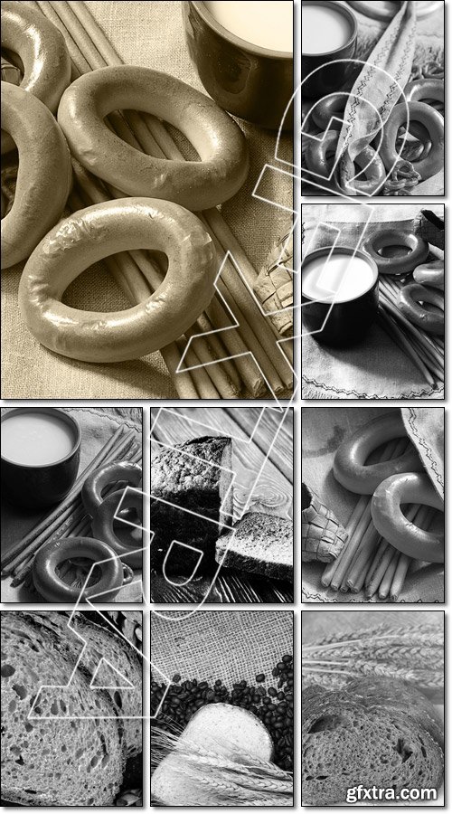 Still life with homemade bread and pottery, black and white phot - Stock photo