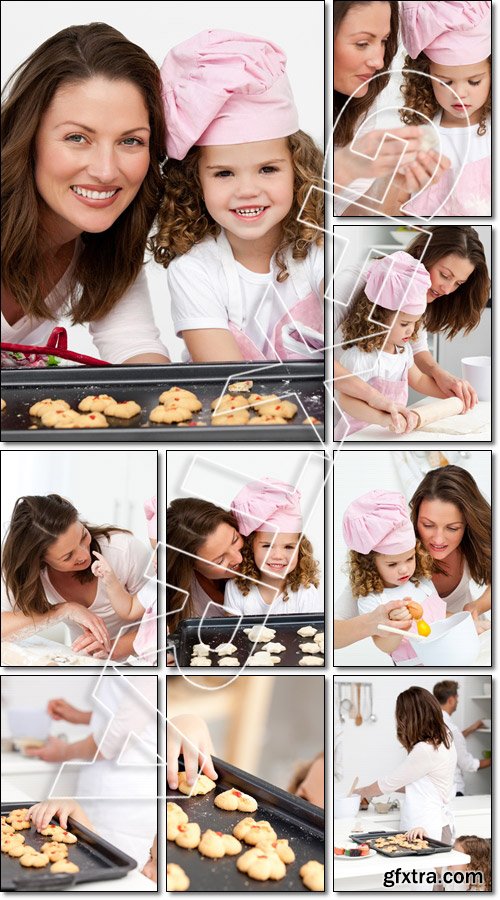 Mother and daughter using a rolling pin together - Stock photo