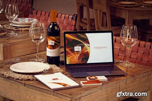 Original Mockup - Wine Bottle MacBook Business Cards and Menu Mockup