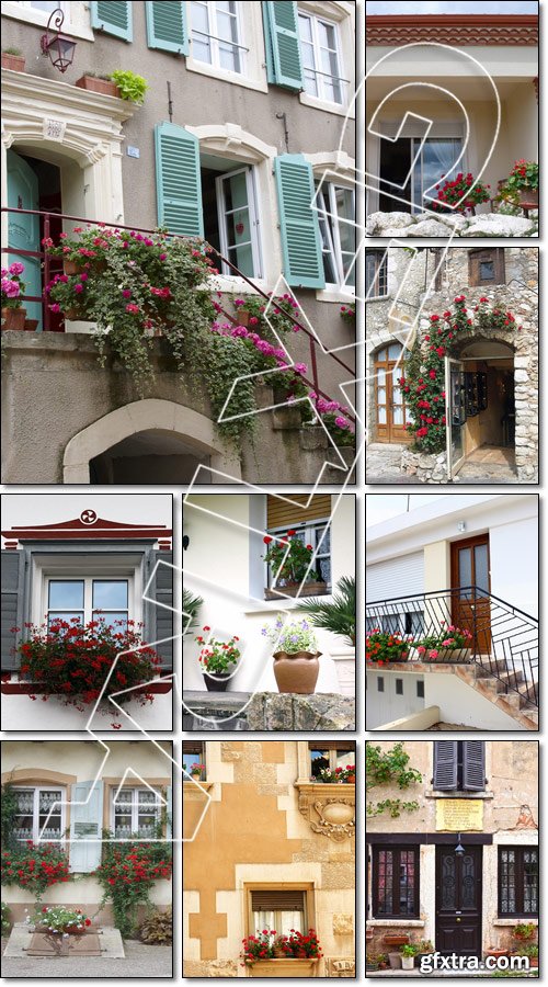 Exterior, house, ville, balcony with flowers in a facade of Sitges - Stock photo
