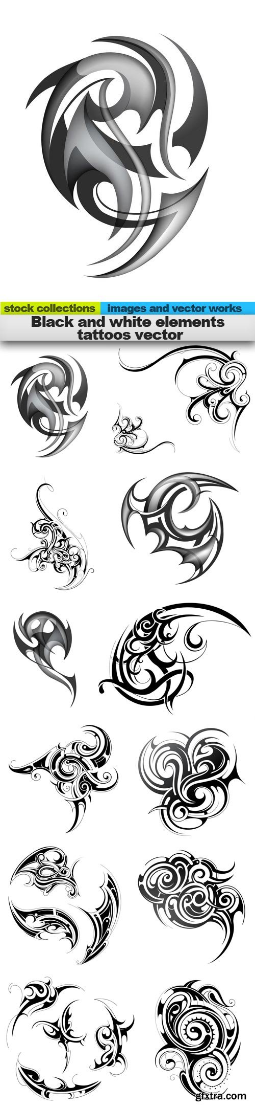 Black and white elements tattoos vector, 15 x EPS