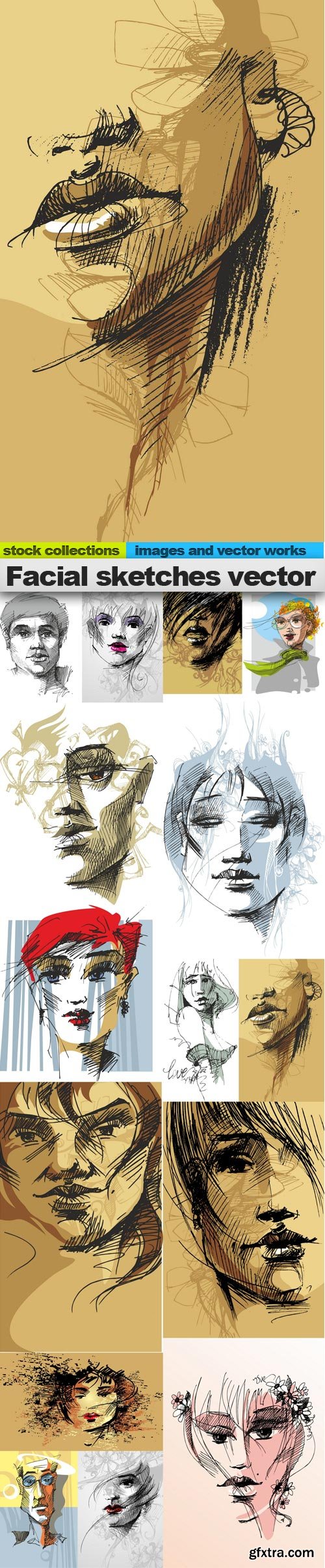 Facial sketches vector, 15 x EPS