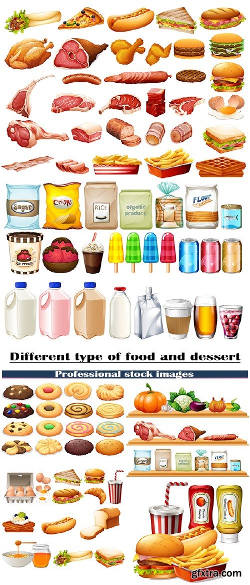 Stock vector clipart different types of food and dessert