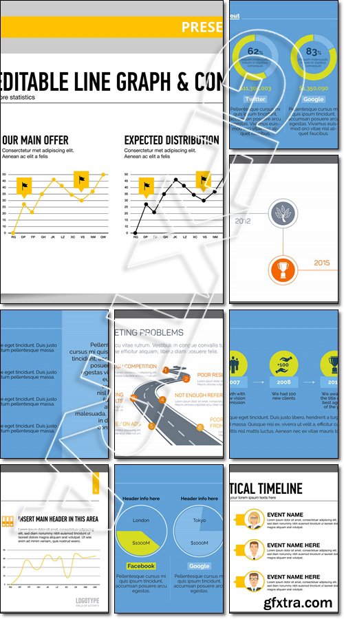 Pie charts slide template, content layout slide - Vector