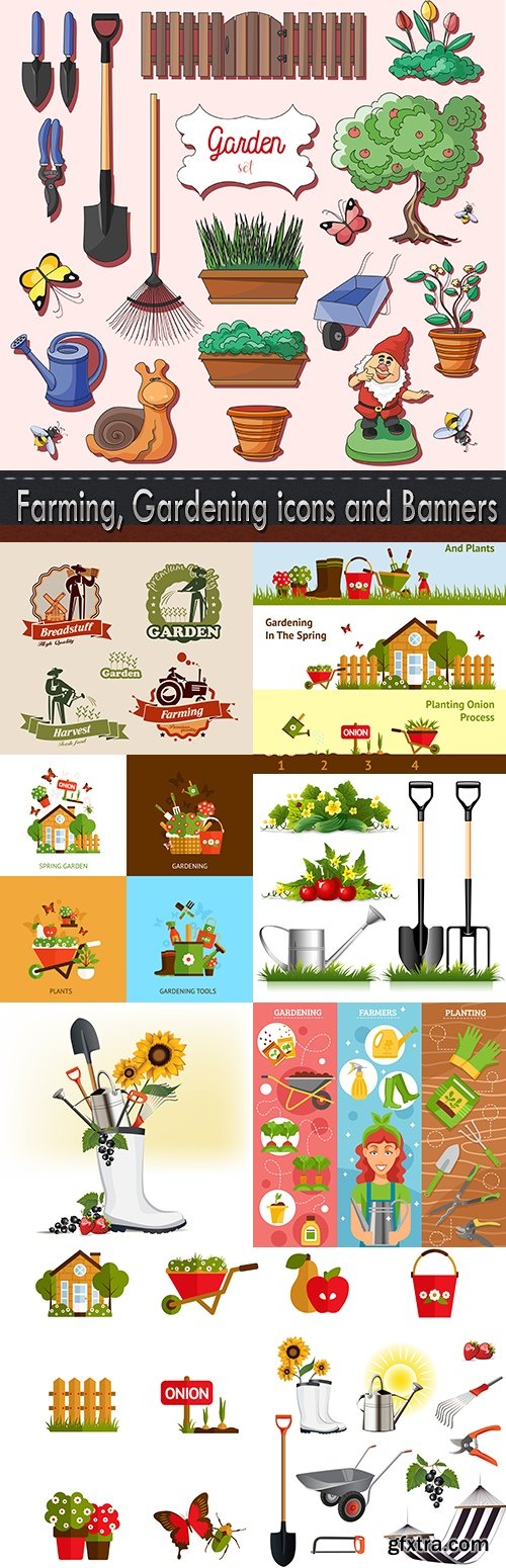 Farming, Gardening icons and Banners set